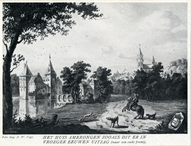 107281 Gezicht op het kasteel Amerongen te Amerongen met rechts op de achtergrond, enigszins gefantaseerd weergegeven, ...